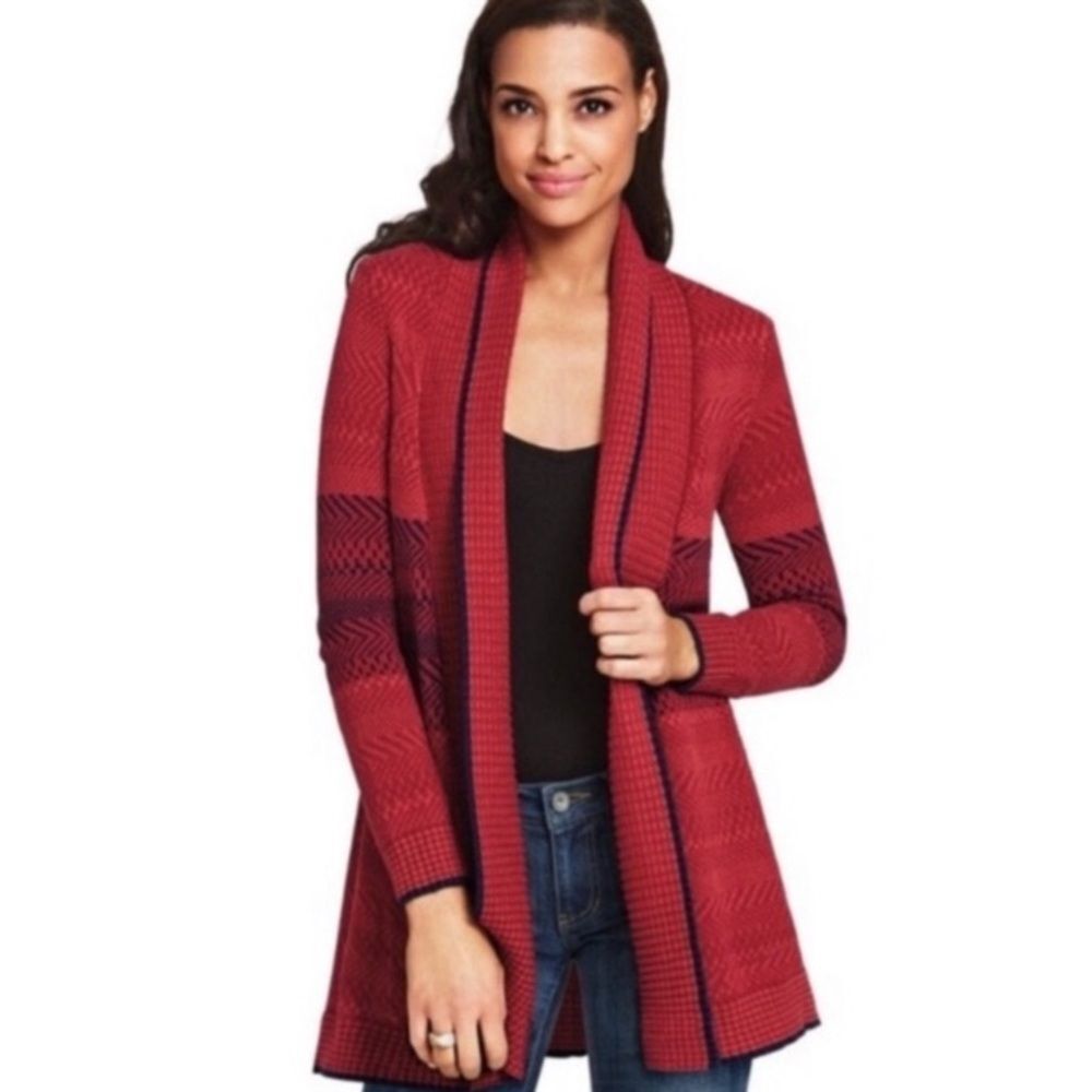 CAbi Long Line Open Front “Joy” Knit Cotton Blend Cardigan